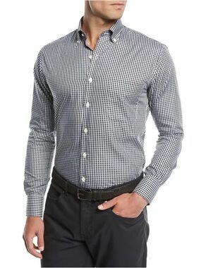 PETER MILLAR Men's Black & White NANOLUXE Easycare Gingham Button-Down Shirt XL